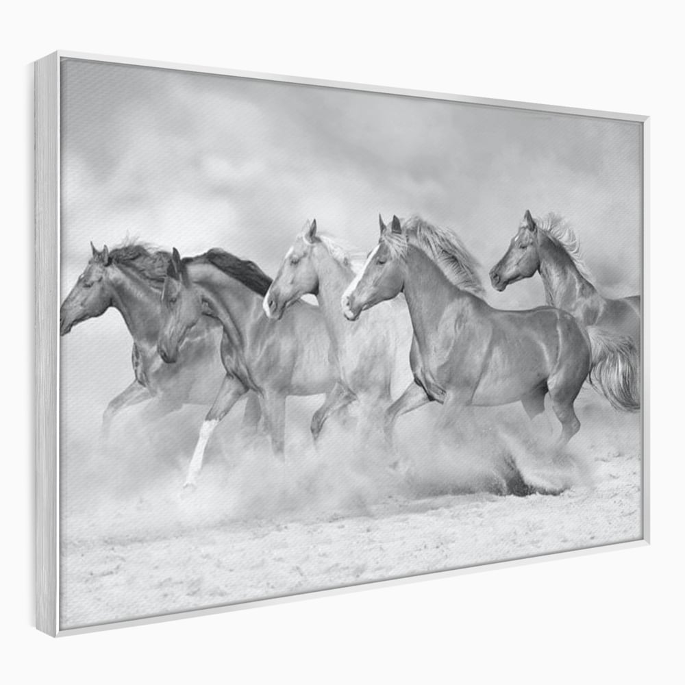 Tablou canvas cu tablou canvas cu cai in galop, in rama de aluminiu argintiu
